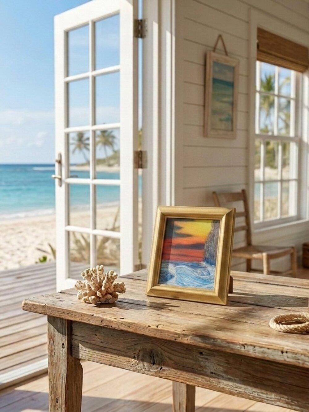 5X7 Art Print Vintage Wood Framed Glazed 8.5X6.5 "Red Skies At Night" Beach Seas